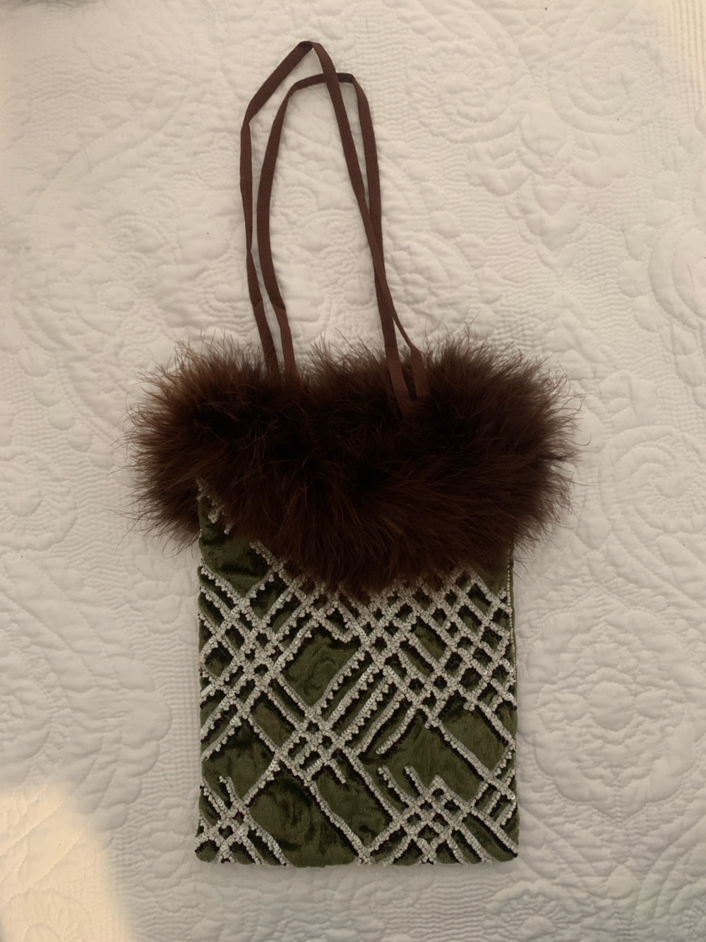 Jamin Puech Green Velvet Tote with Brown Fur Trim and Beaded Lattice